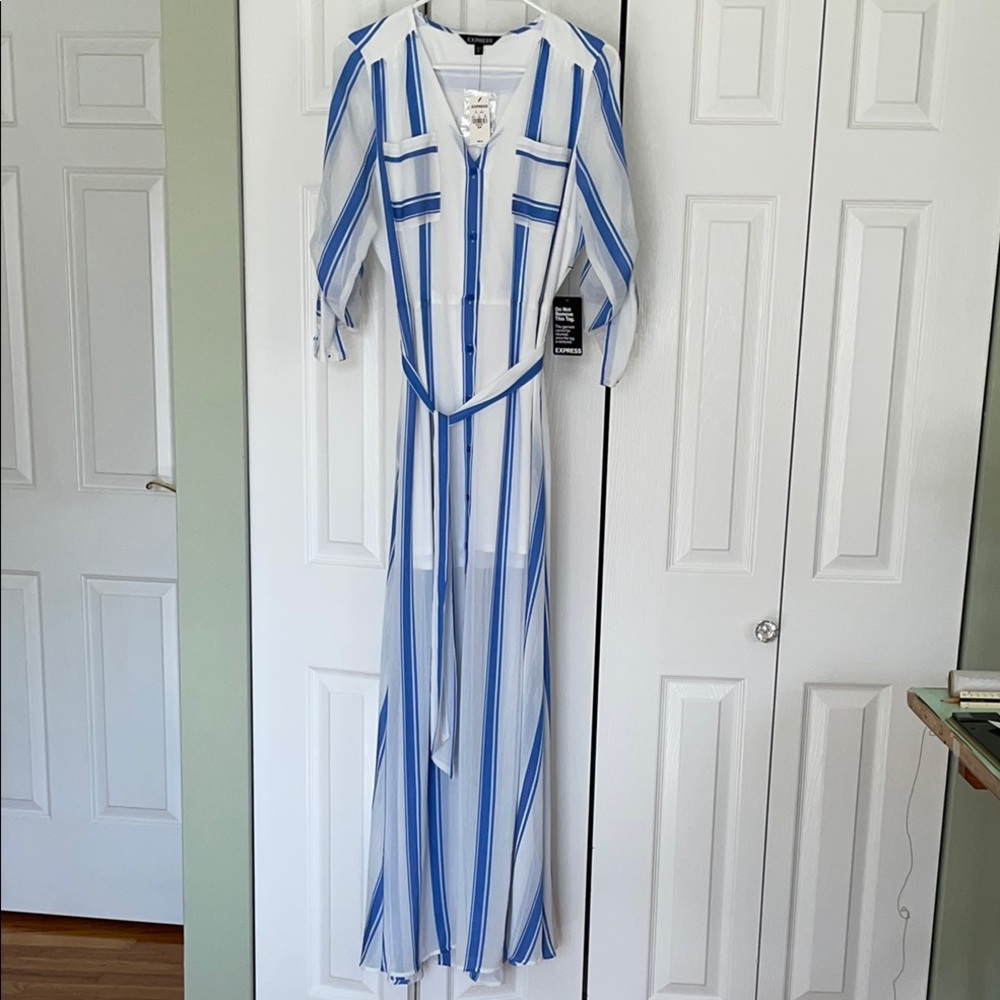 Express White and Blue Long Sleeve Sundress